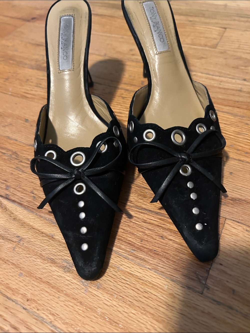Tony Bianco Black Suede Pointed-Toe Mule Heels with Grommet & Bow